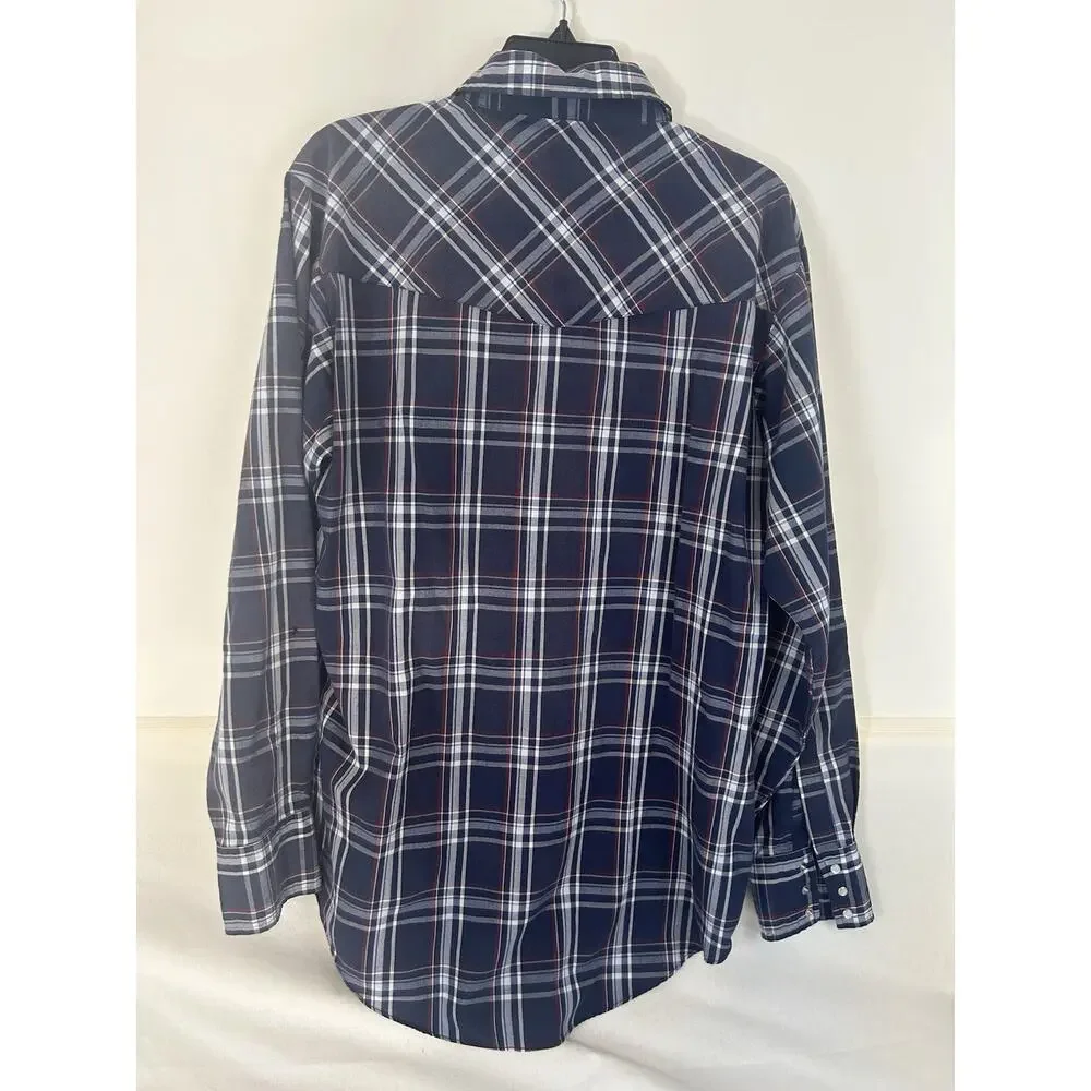 Thrashed Ely Cattleman western Pearl snap long sl blue/white/red shirt Sz L Tall